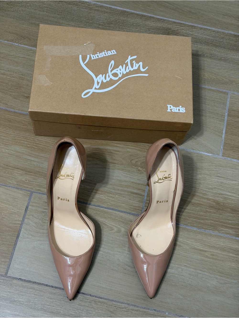 Christian Louboutin Nude Patent Pointed-Toe Pumps 4” Heels